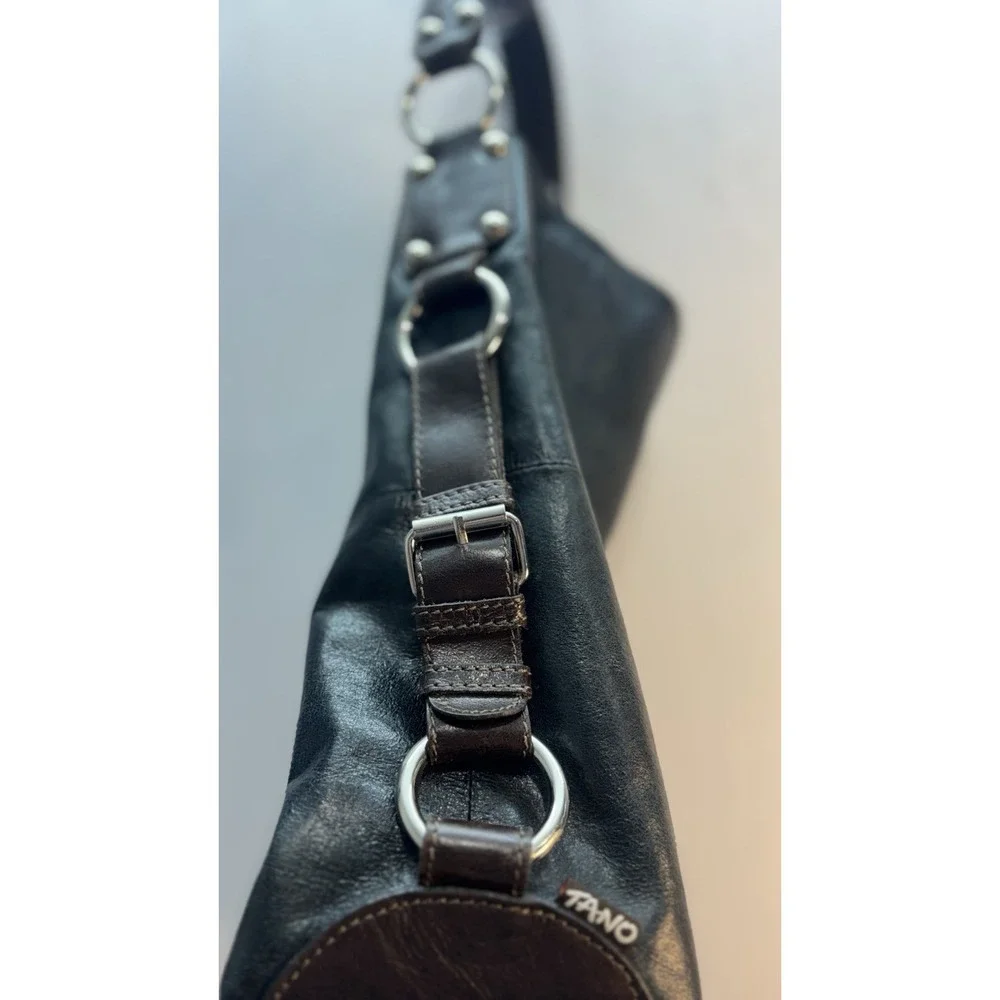 TANO Black Leather Hobo Shoulder Bag Purple Lining Studded Hardware